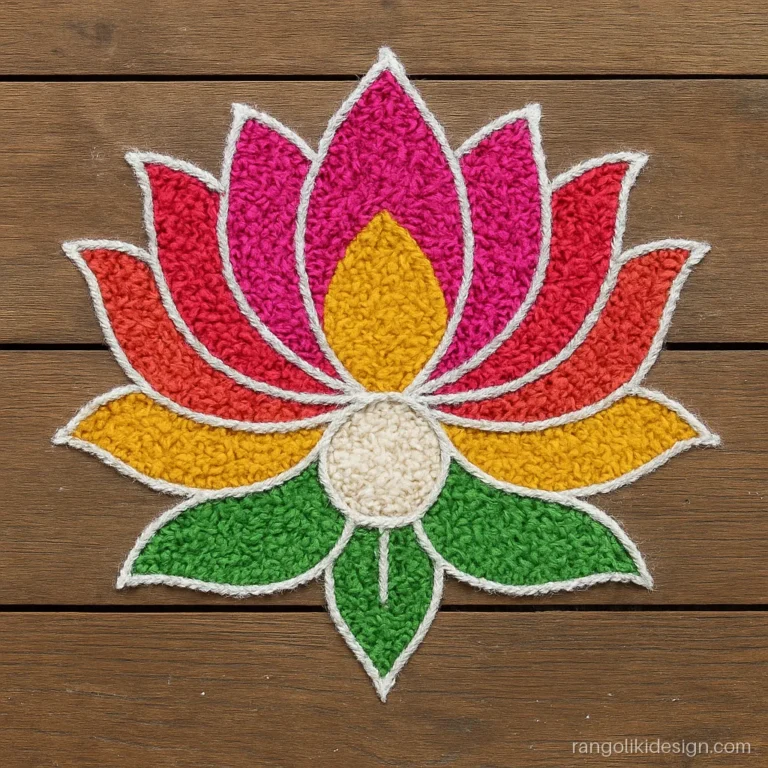 Unique rangoli design made with coloured rice grains in a lotus shape