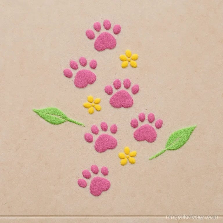 Easy unique rangoli designs with a trail of paw prints and tiny flowers