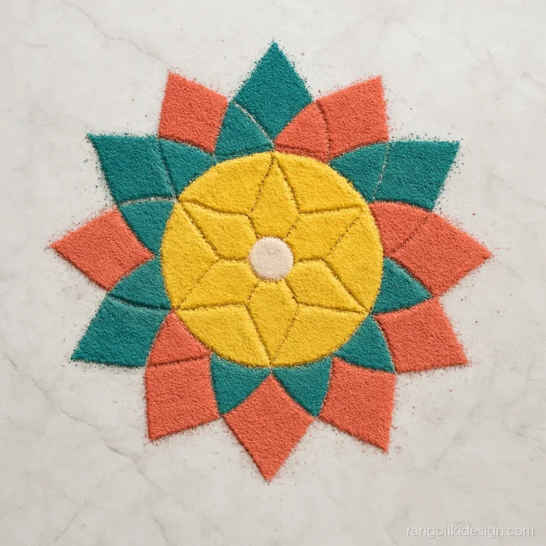 Easy unique rangoli design made of small triangles forming a flower
