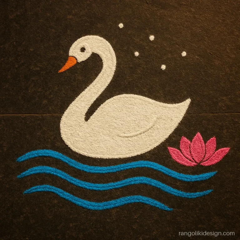 Simple unique rangoli design of a white swan on blue water lines