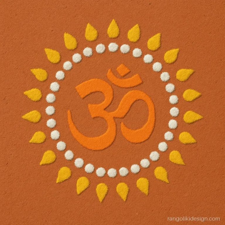 New simple unique rangoli designs with an Om symbol inside a dot circle