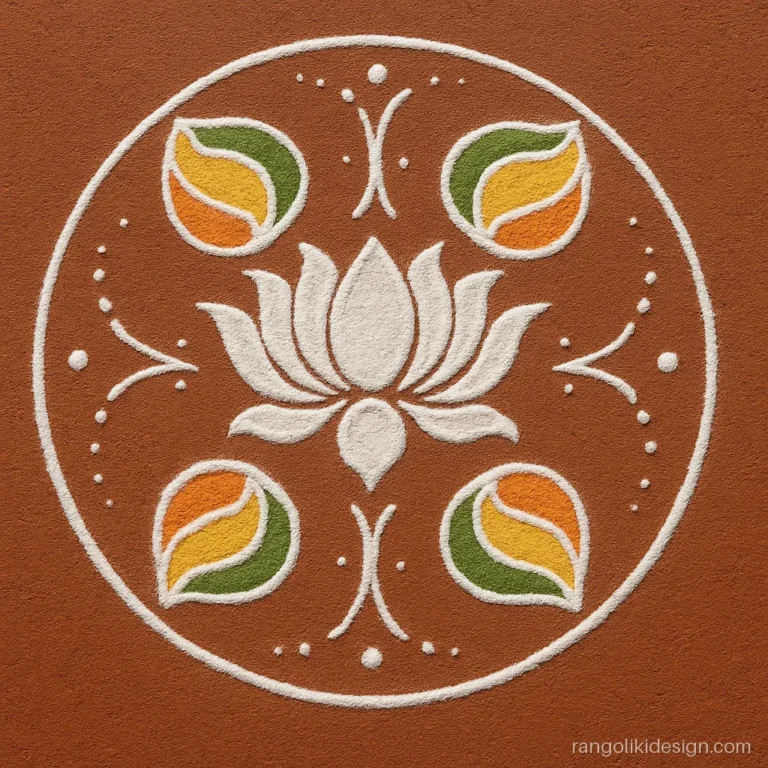 Traditional rangoli for dasara in Sanskar Bharti style with lotus and conch strokes