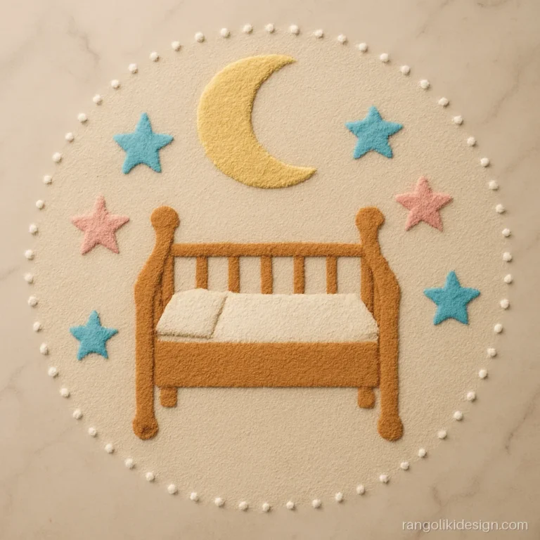 Baby rangoli design with a cradle, crescent moon and soft stars