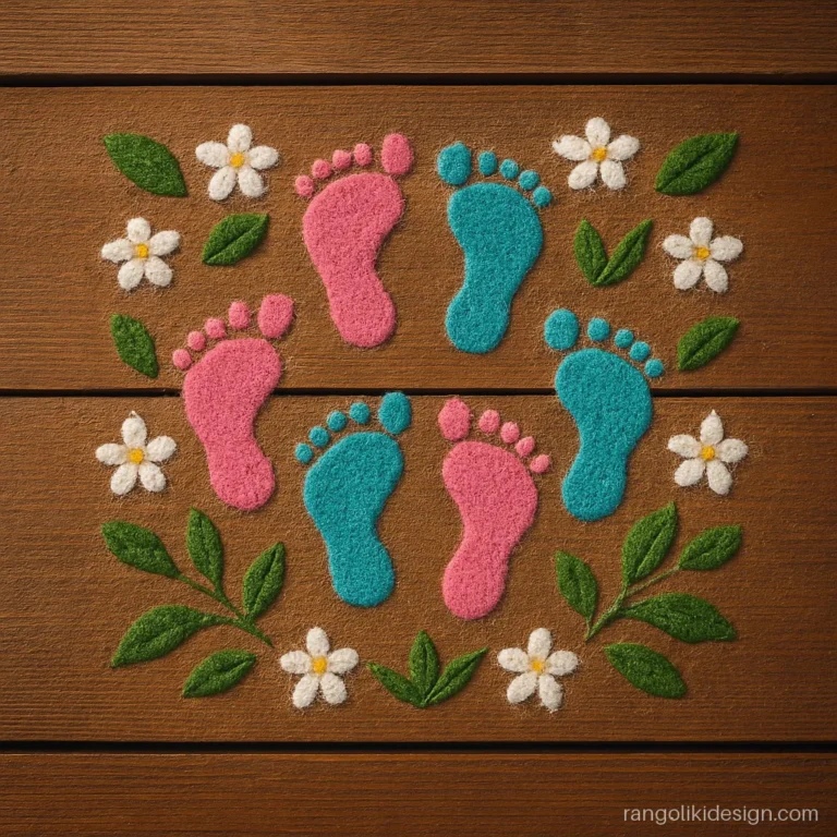 Baby welcome rangoli with tiny footprints in pink and blue walking in
