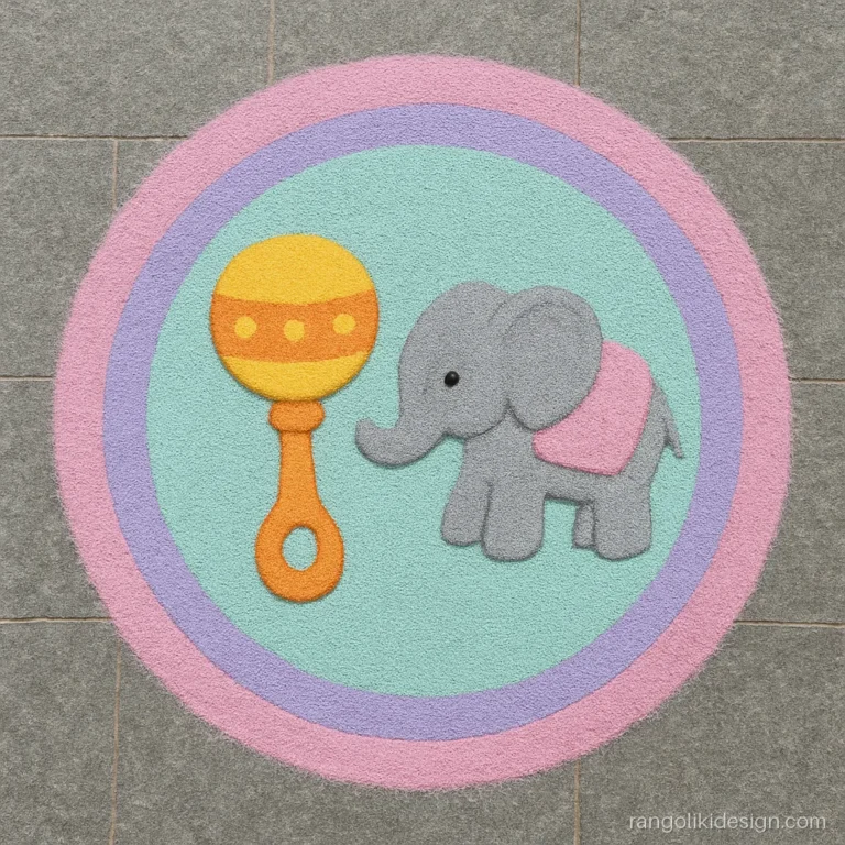 Baby rangoli designs with a rattle, a toy elephant and pastel circles