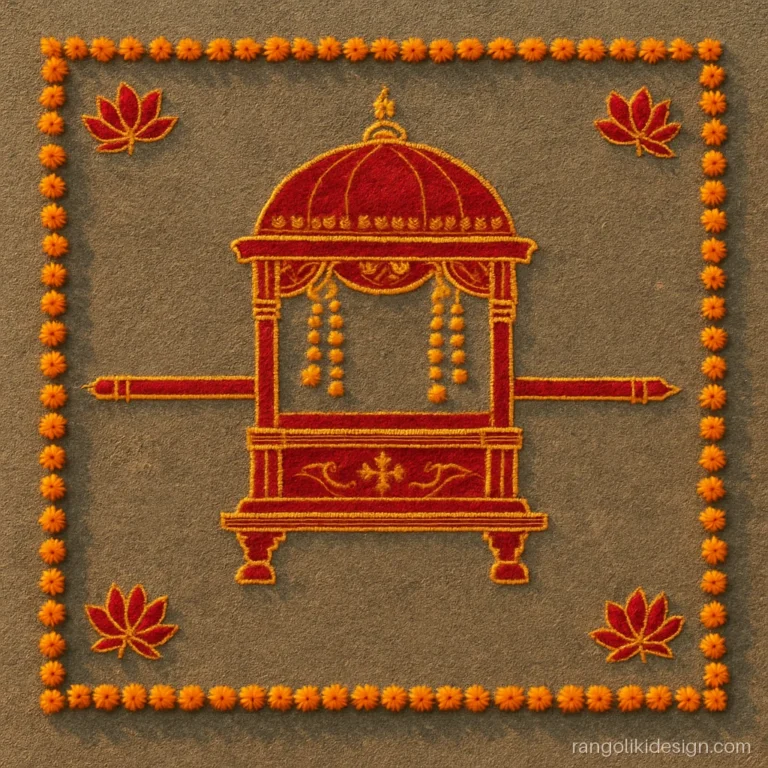 Rangoli designs for wedding with a decorated doli palki and flower strings