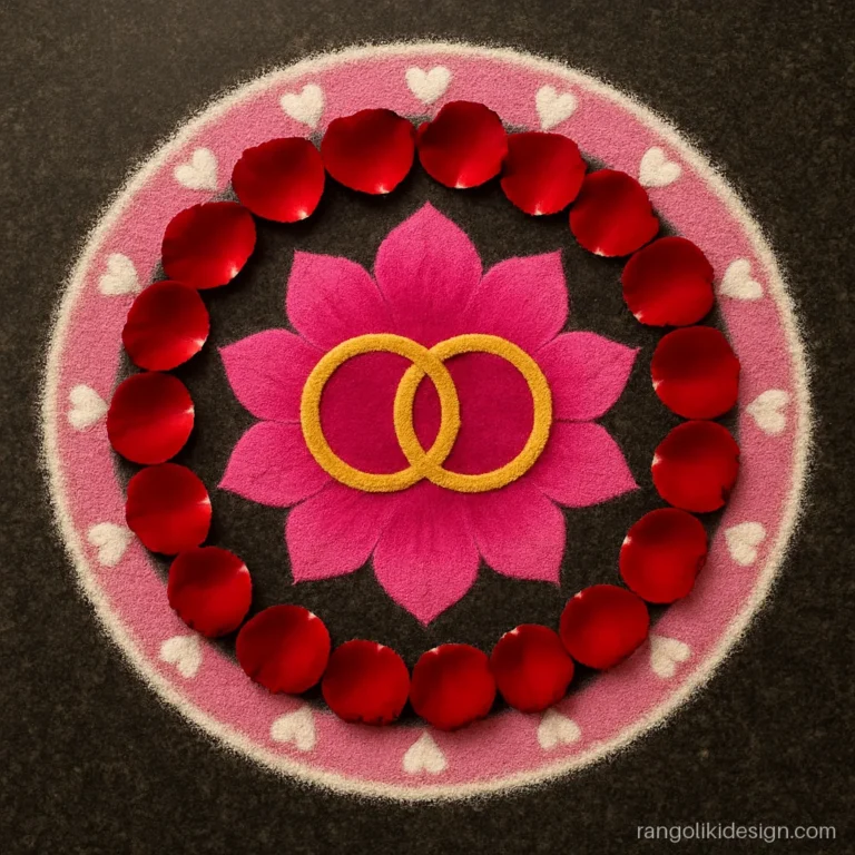 Engagement rangoli design with two linked rings on a lotus and rose petals