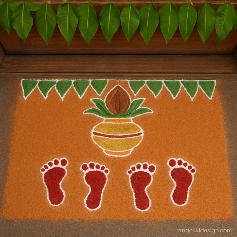 Griha pravesh rangoli design with Laxmi charan and kalash at a new door