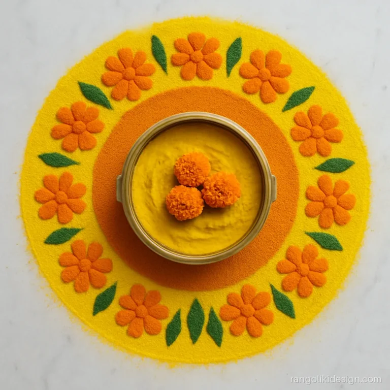 Haldi rangoli design in yellow with a turmeric bowl and marigold