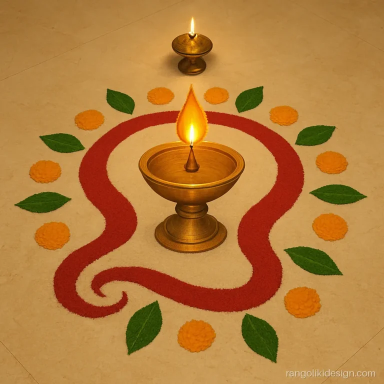 Inauguration rangoli design with a large diya and ribbon path