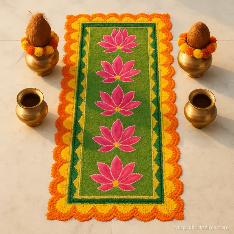 Indian wedding rangoli design with two kalash at a mandap entrance