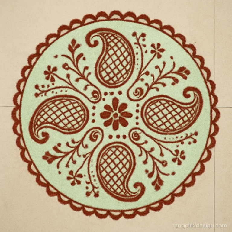 Rangoli mehndi design with henna-style paisleys and net pattern in brown and green