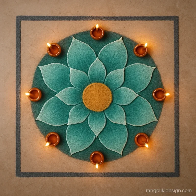 Office rangoli designs for Diwali with a shaded lotus in teal and gold