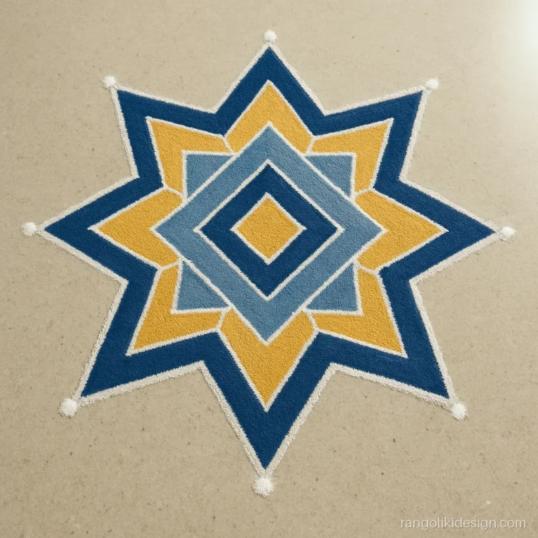 Office rangoli design with a geometric star in blue, grey and gold in a lobby