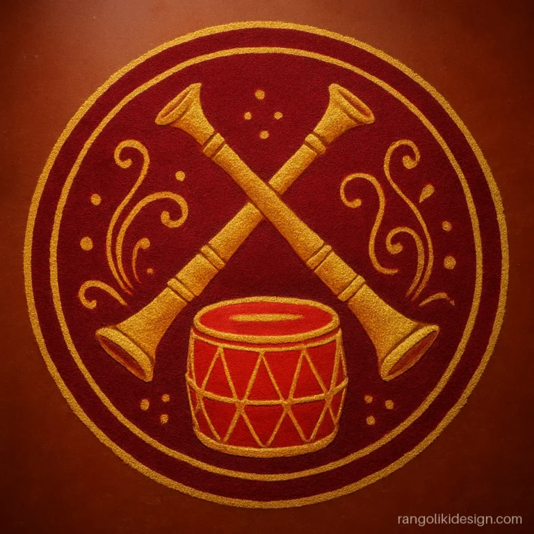Marriage rangoli design with a pair of shehnai and a dhol drum
