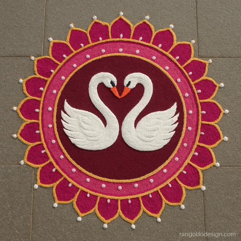 Wedding mandala rangoli designs with two swans facing in a heart
