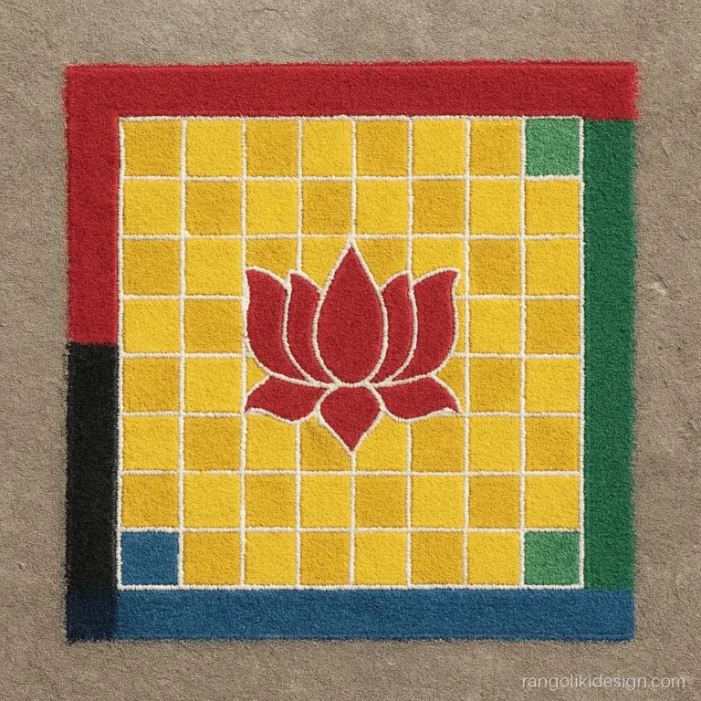 Vastu rangoli design for home with a 9 by 9 square grid and lotus centre