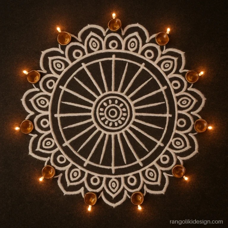 Big white rangoli designs with a chakra wheel and paisley ring in a hall