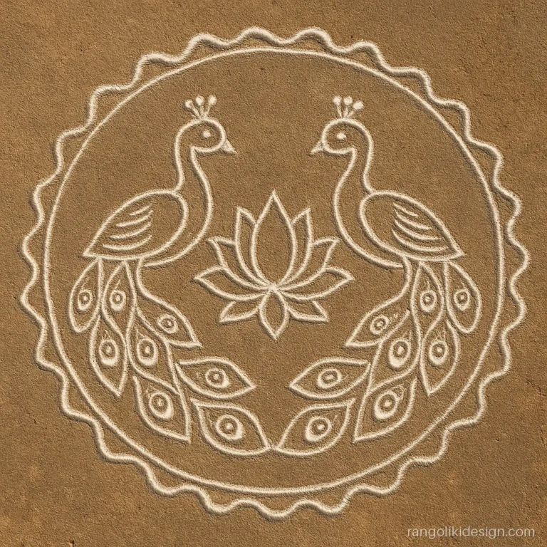 Big white rangoli design of two peacocks facing a central lotus in a courtyard