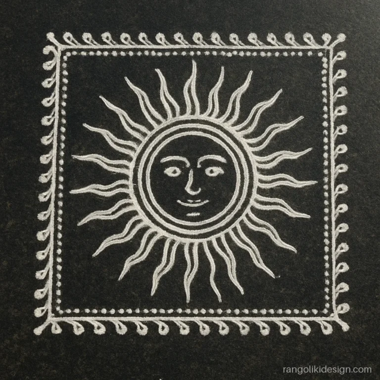 Big white rangoli design of a sun with rays drawn in rice flour on a street front