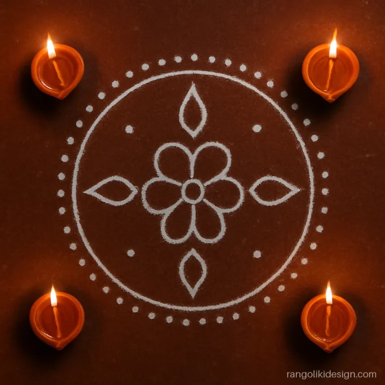 Easy chalk rangoli design for Diwali with four diyas around a round centre