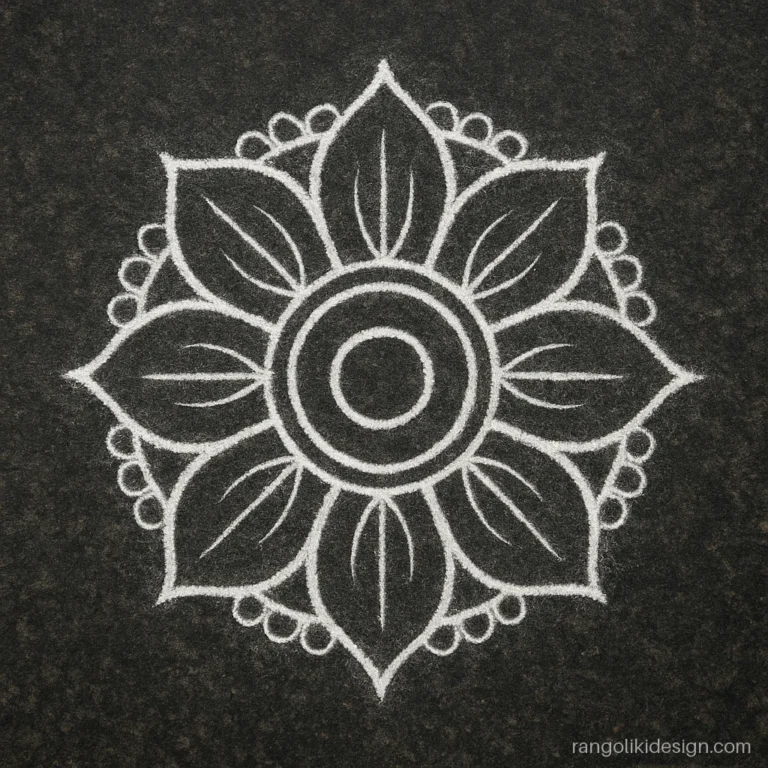 White chalk rangoli design of an eight petal lotus on a dark granite doorstep