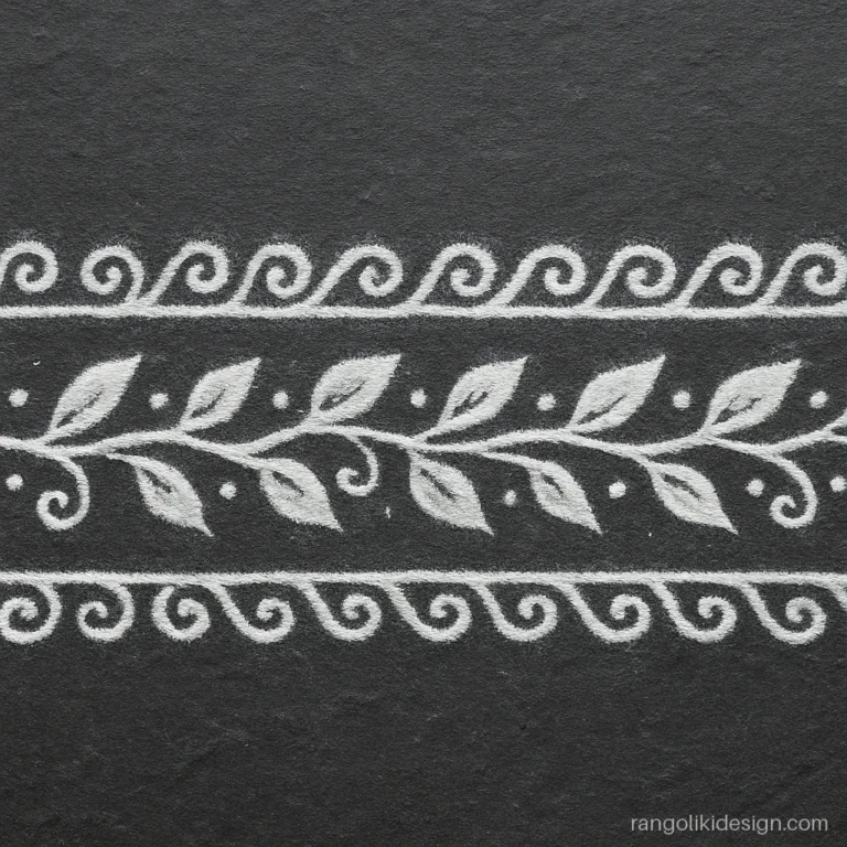 Simple attractive free hand rangoli design with chalk piece, a curling creeper border