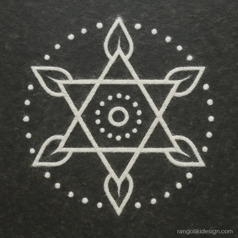 White chalk rangoli of a six point star with leaf tips on a classroom floor