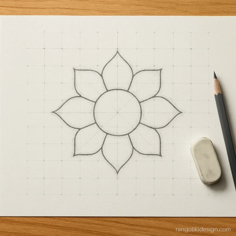 Pencil rangoli design drawing of a lotus on a dot grid in a notebook