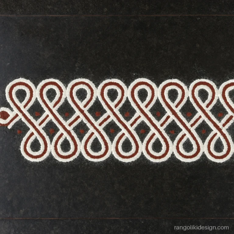 Simple red and white rangoli designs as a kolam border with red outline