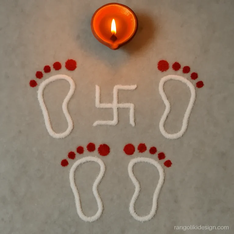 Red and white rangoli design with Laxmi charan footprints walking into the home
