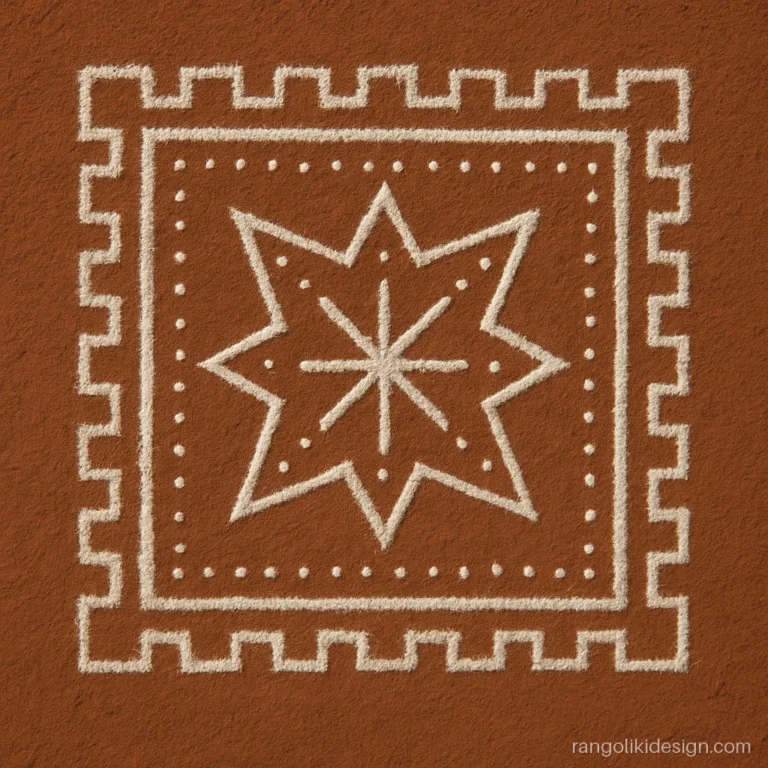 Simple red and white rangoli design in mandana style on a gerua mud floor