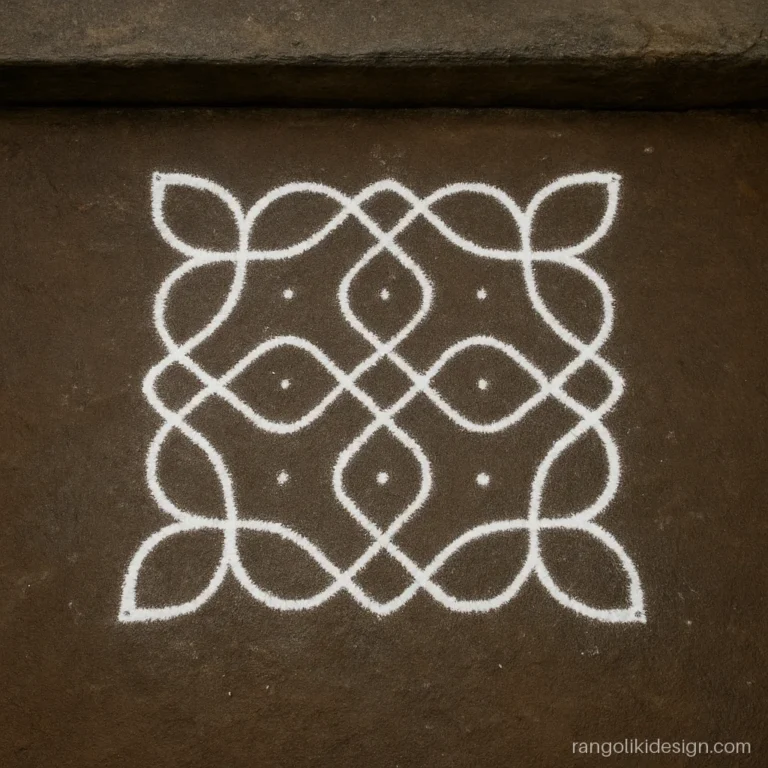 Rice flour rangoli design with interlaced loops around a 7 by 7 dot grid