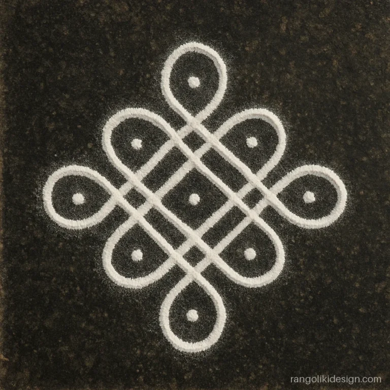 Traditional rice flour rangoli with a looped sikku knot pattern on a 5 dot grid