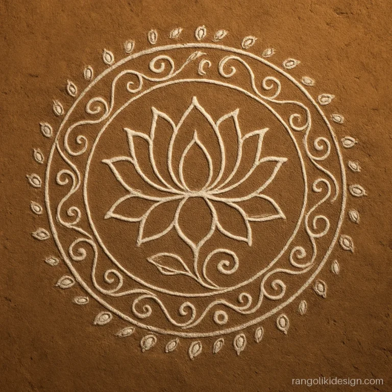 Rice paste rangoli design in alpona style with a lotus and conch border