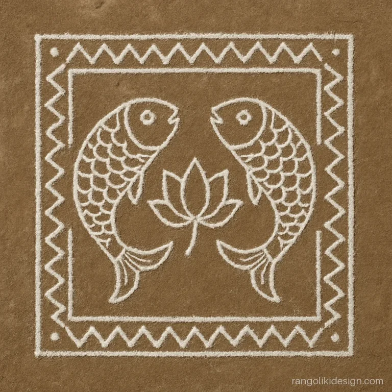 Rice paste rangoli design with a pair of fish and lotus in aripan style
