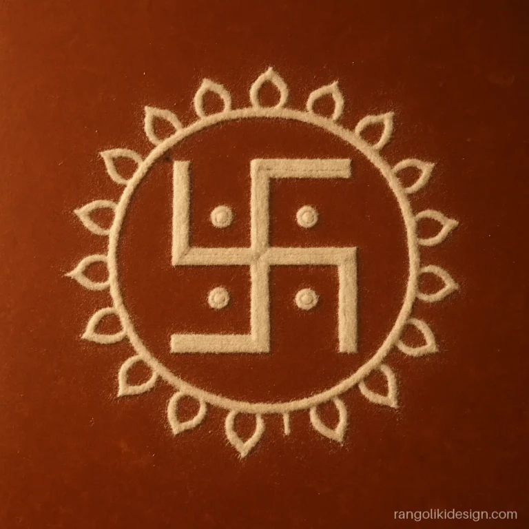 Simple white rangoli design with a swastik and four dots on a red oxide floor