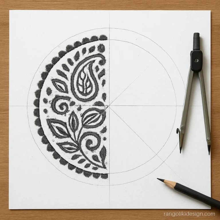 Rangoli art designs sketch showing one quarter of a paisley mandala in pencil