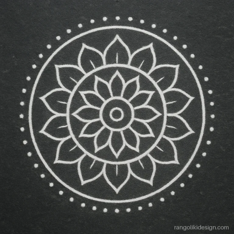 Rangoli design without colour, a white mandala with three rings of petals