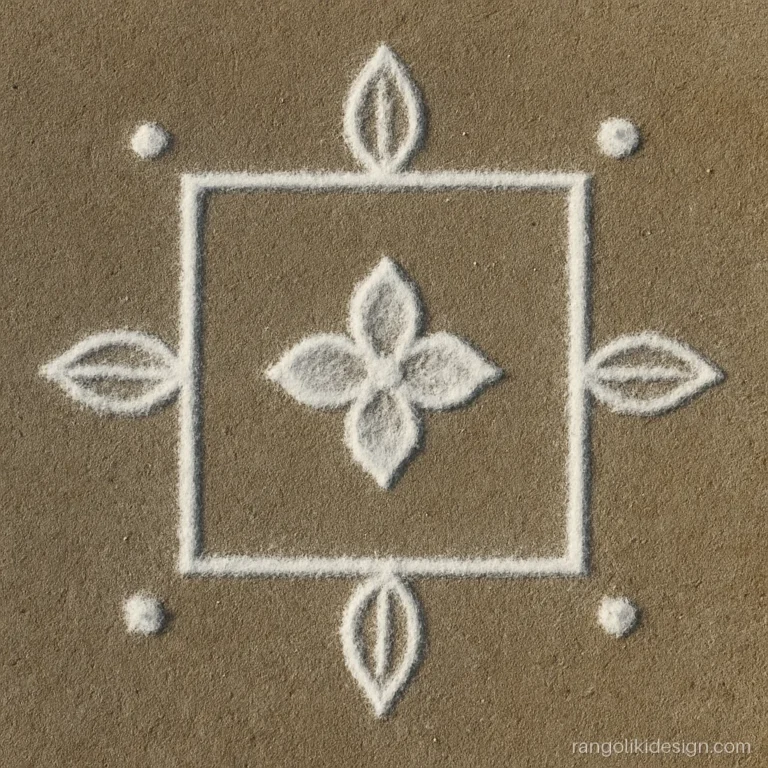 Easy simple white rangoli design with mango leaves in a square frame